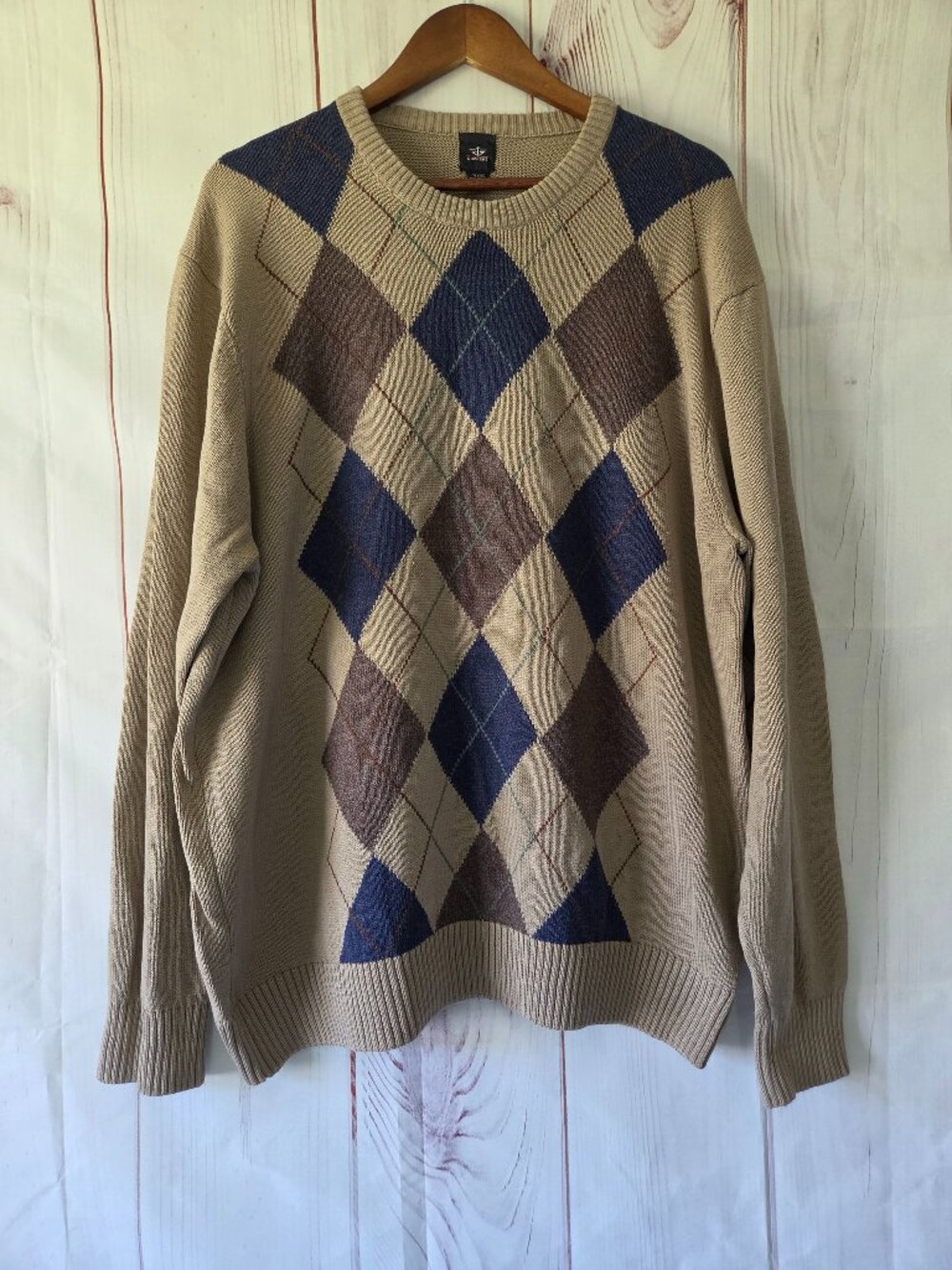 Dockers 100% Cotton Argyle Crewneck Sweater, Men’s XXL. Beige/Brown/Blue diamond